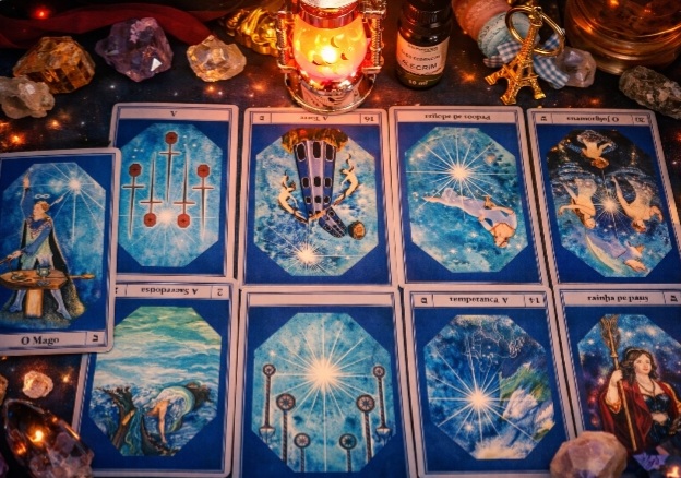 Mesa de tiragem da ahummmtarot com cartas de tarô em tons azuis, cristais e luz de vela.