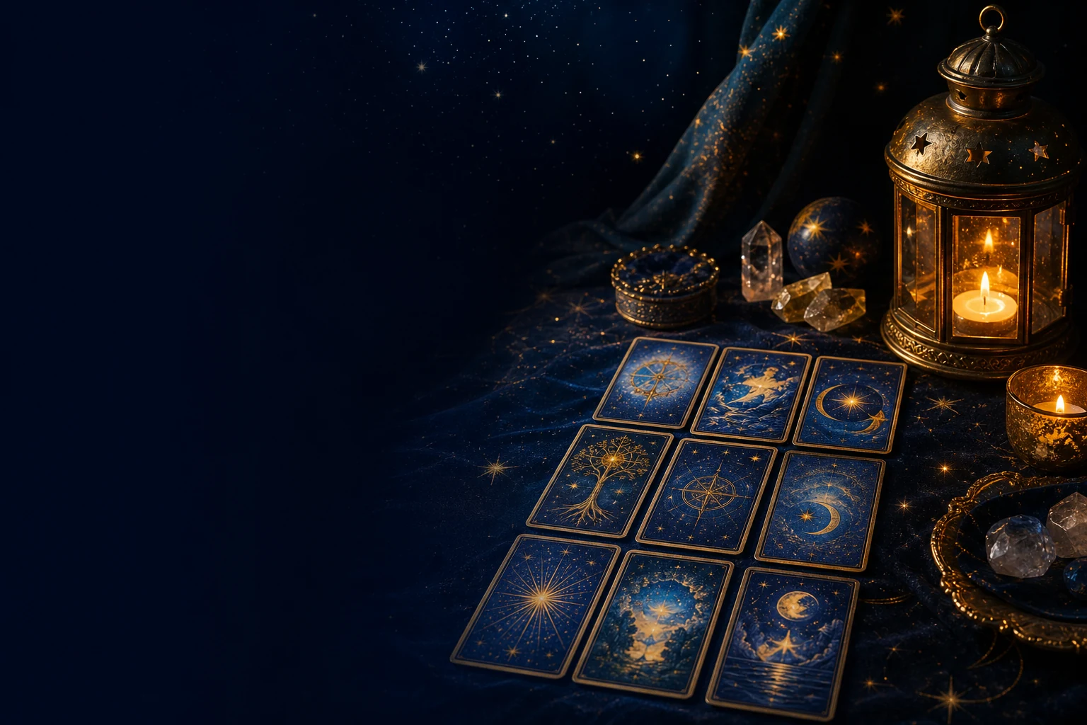 Cartas de tarô celestiais sobre uma mesa azul, iluminadas por velas e uma lanterna dourada.